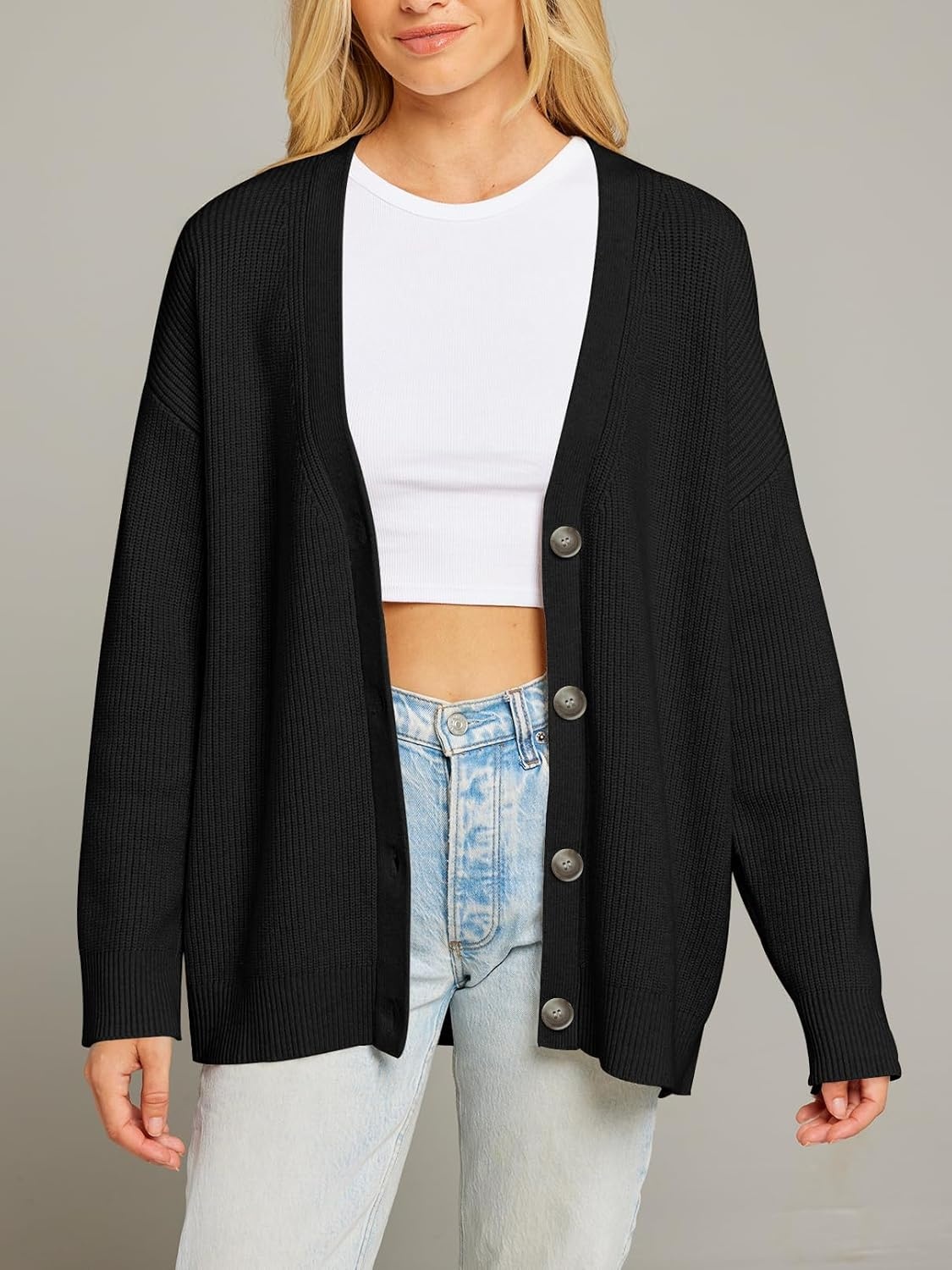 image:imageMEROKEETY Womens Fall Trendy Oversized V Neck Cardigan SweatersBlack