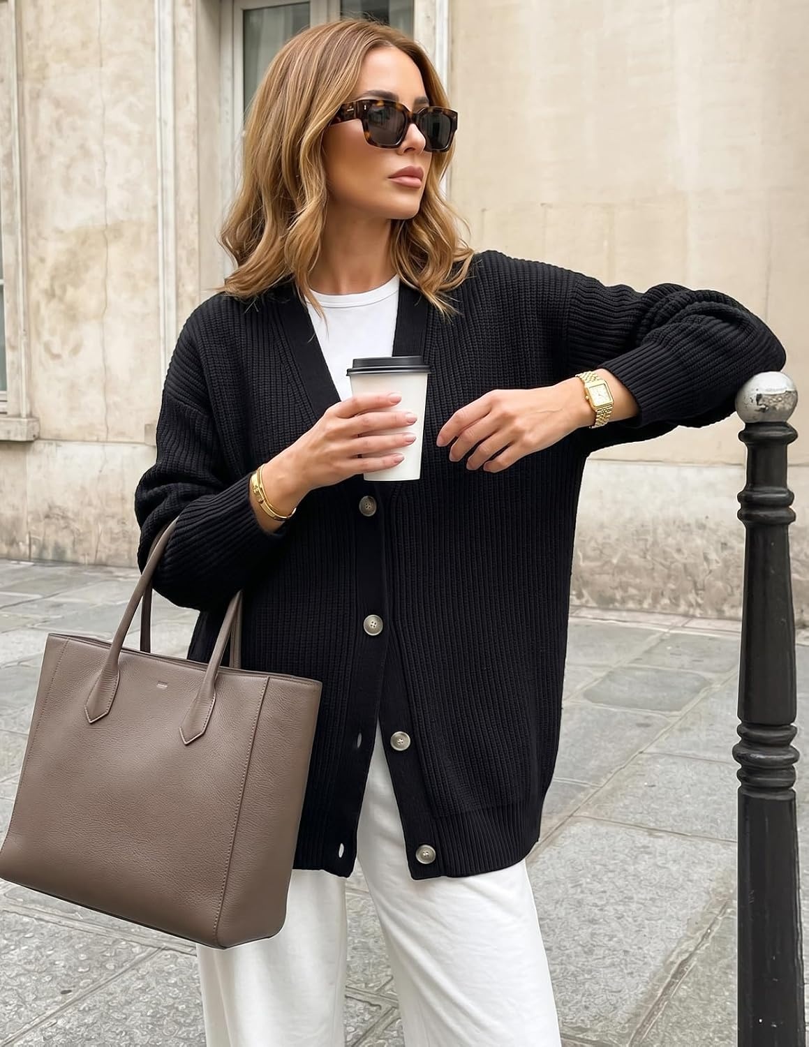 image:imageMEROKEETY Womens Fall Trendy Oversized V Neck Cardigan SweatersBlack