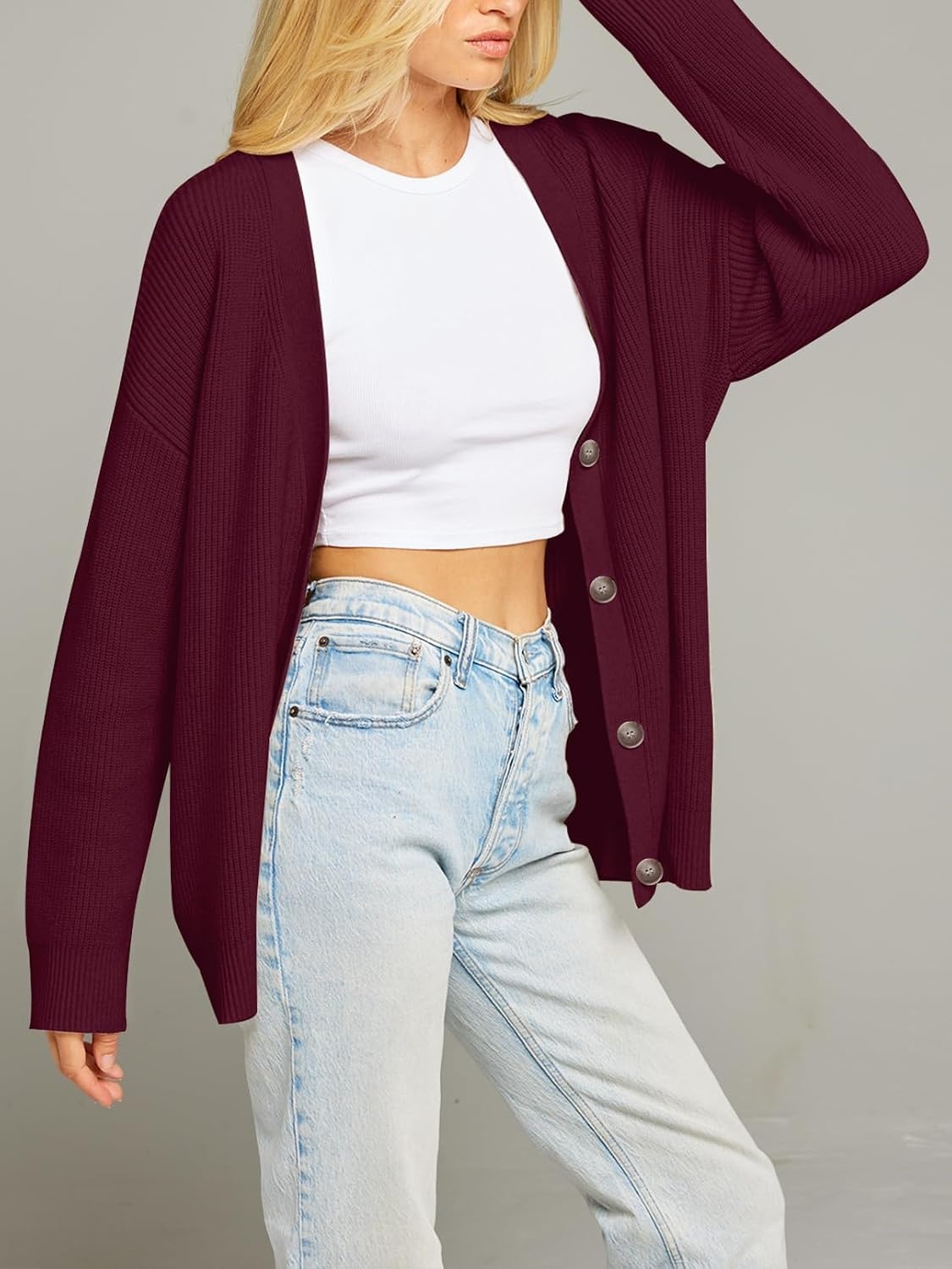 image:imageMEROKEETY Womens Fall Trendy Oversized V Neck Cardigan SweatersBurgundy