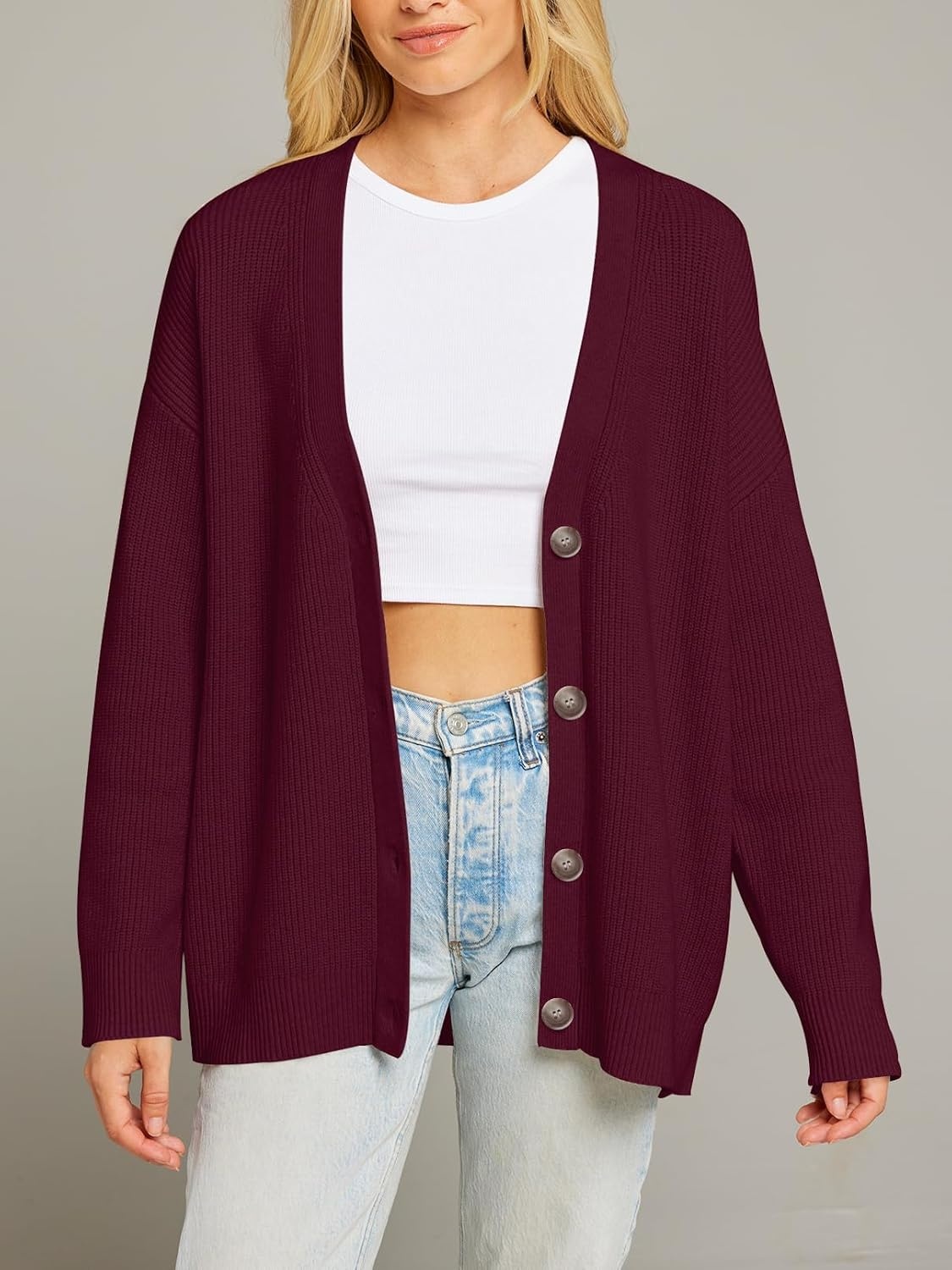 image:imageMEROKEETY Womens Fall Trendy Oversized V Neck Cardigan SweatersBurgundy
