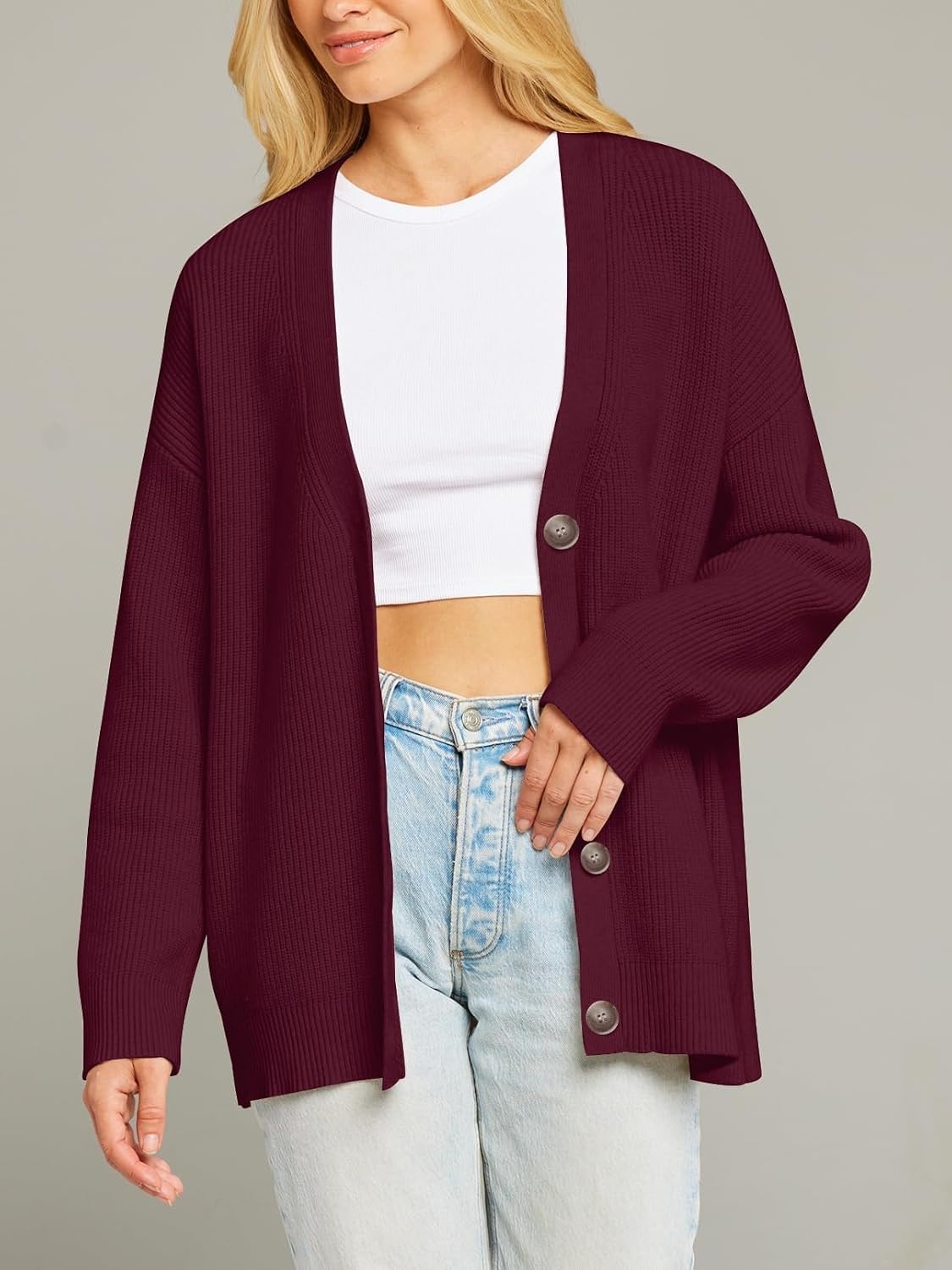 image:imageMEROKEETY Womens Fall Trendy Oversized V Neck Cardigan SweatersBurgundy