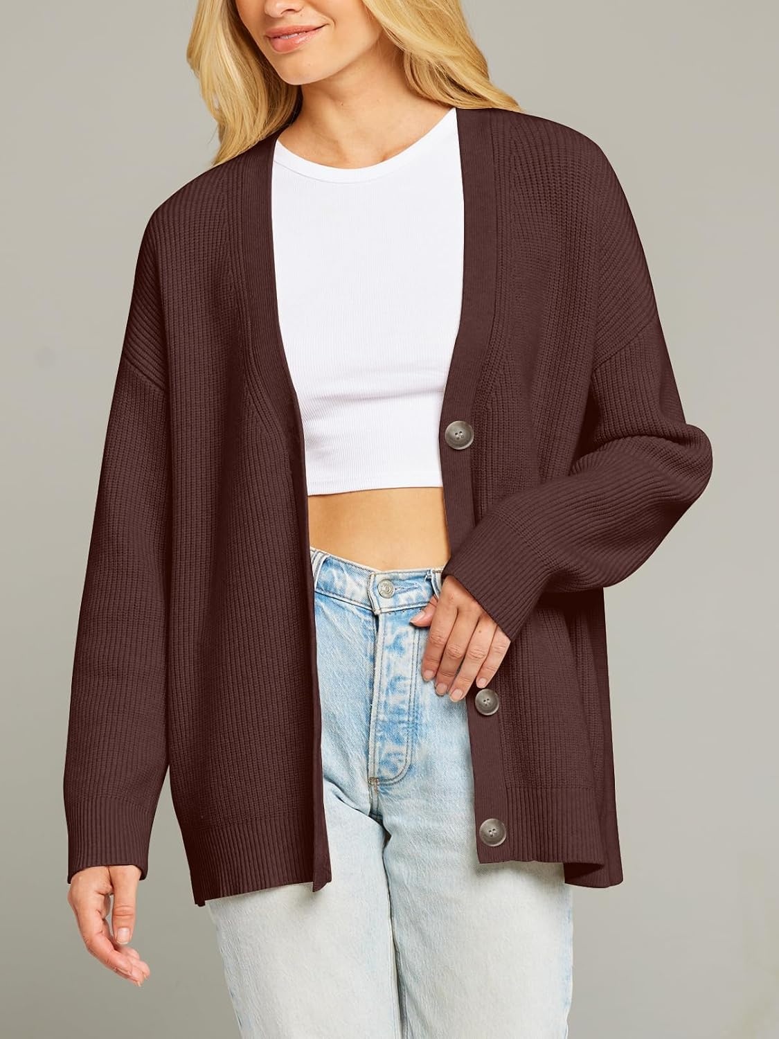 image:imageMEROKEETY Womens Fall Trendy Oversized V Neck Cardigan SweatersCoffee