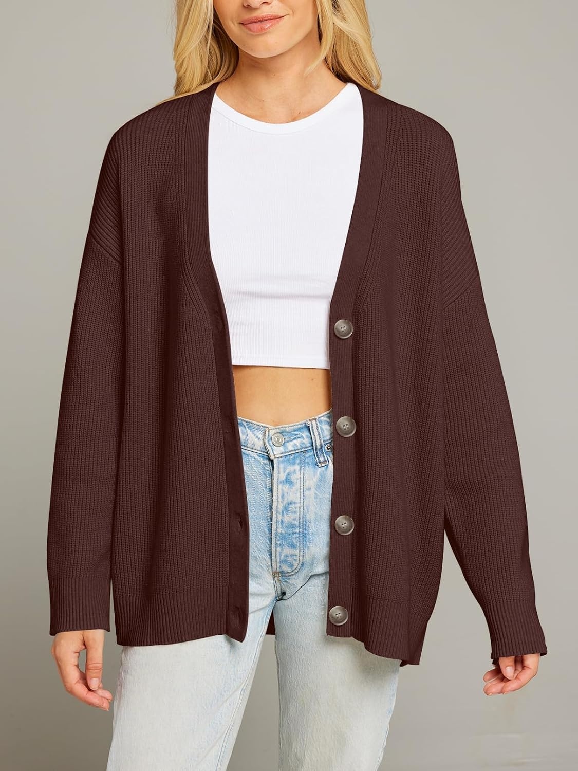 image:imageMEROKEETY Womens Fall Trendy Oversized V Neck Cardigan SweatersCoffee