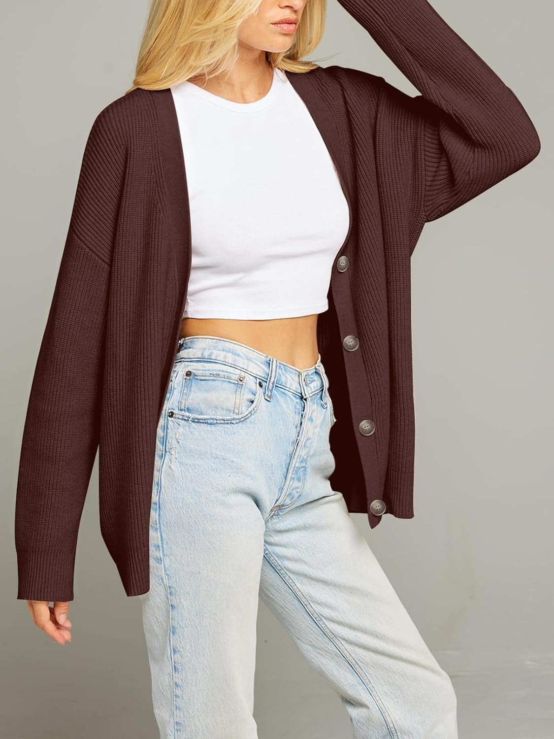 image:imageMEROKEETY Womens Fall Trendy Oversized V Neck Cardigan SweatersCoffee
