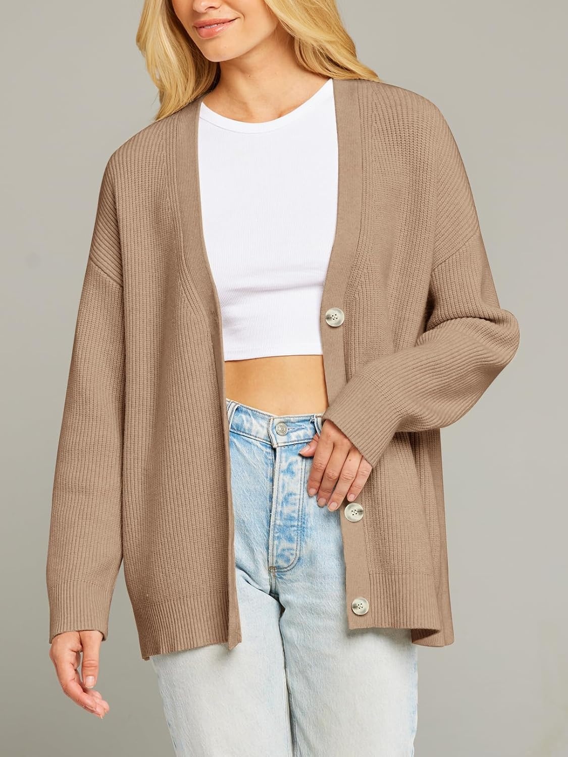 image:imageMEROKEETY Womens Fall Trendy Oversized V Neck Cardigan SweatersKhaki