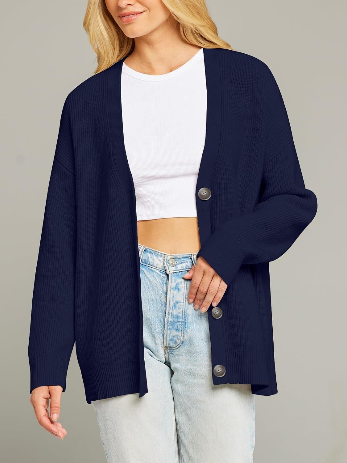 image:imageMEROKEETY Womens Fall Trendy Oversized V Neck Cardigan SweatersNavy