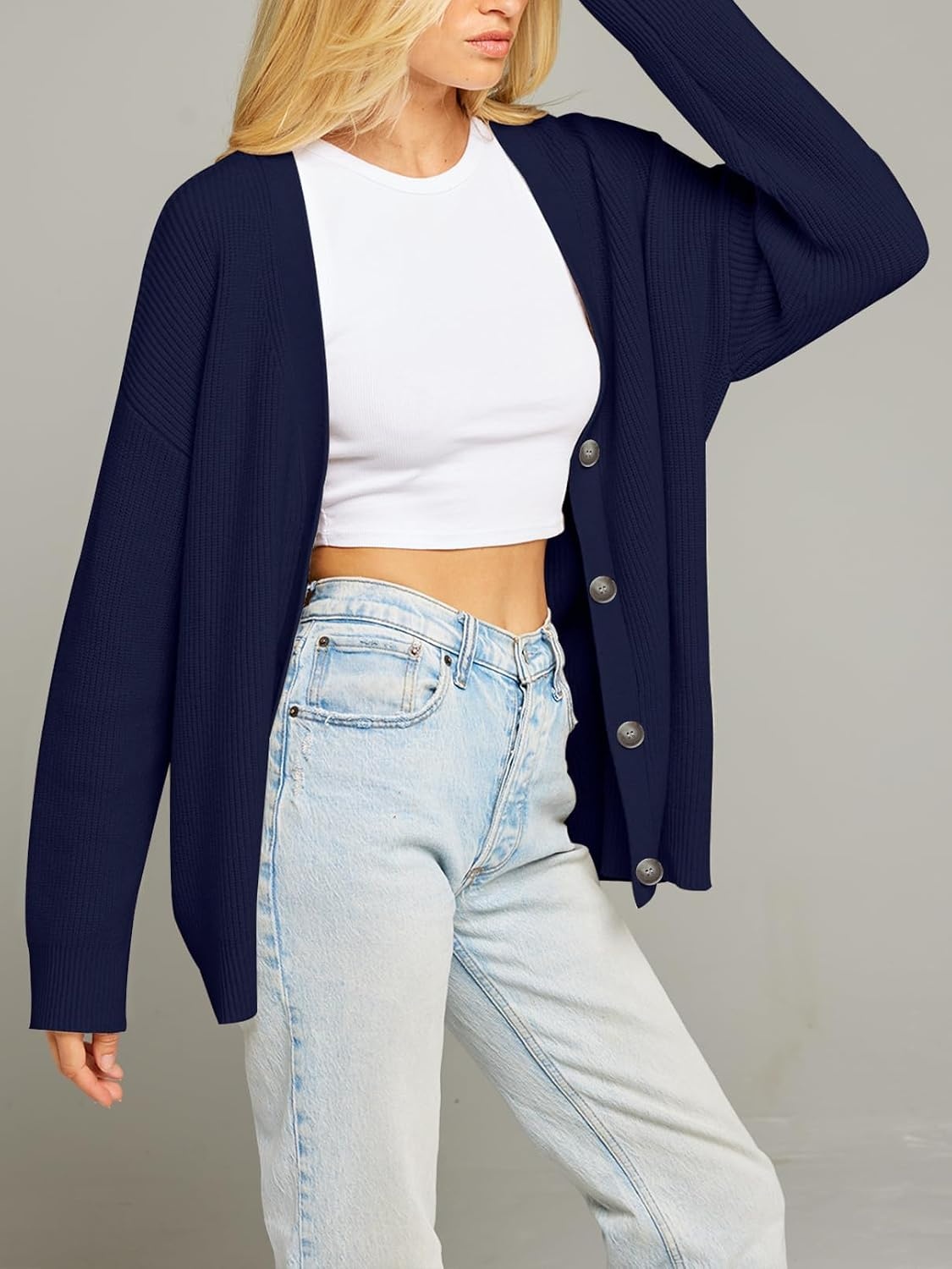 image:imageMEROKEETY Womens Fall Trendy Oversized V Neck Cardigan SweatersNavy