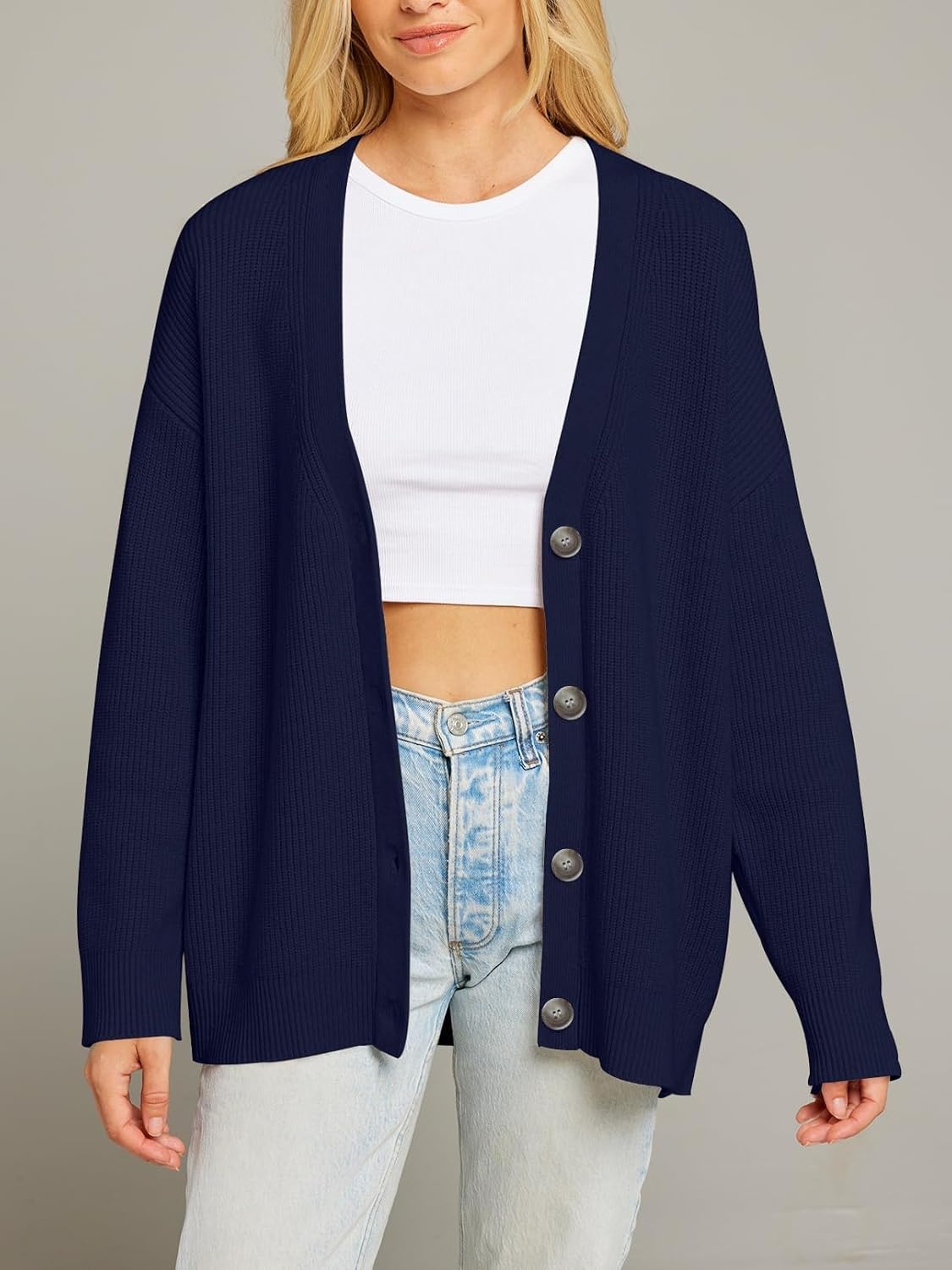 image:imageMEROKEETY Womens Fall Trendy Oversized V Neck Cardigan SweatersNavy