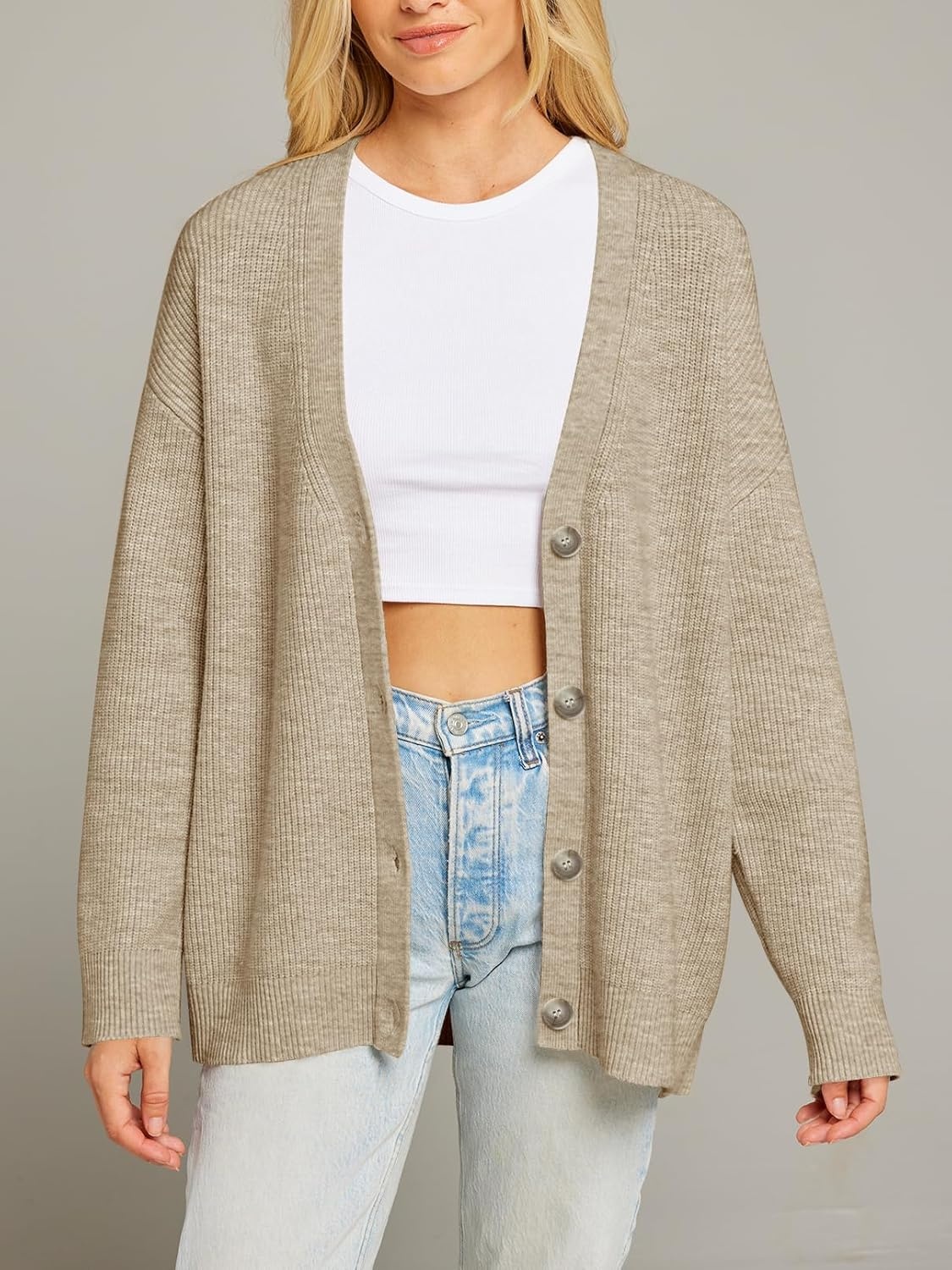 image:imageMEROKEETY Womens Fall Trendy Oversized V Neck Cardigan SweatersOatmeal