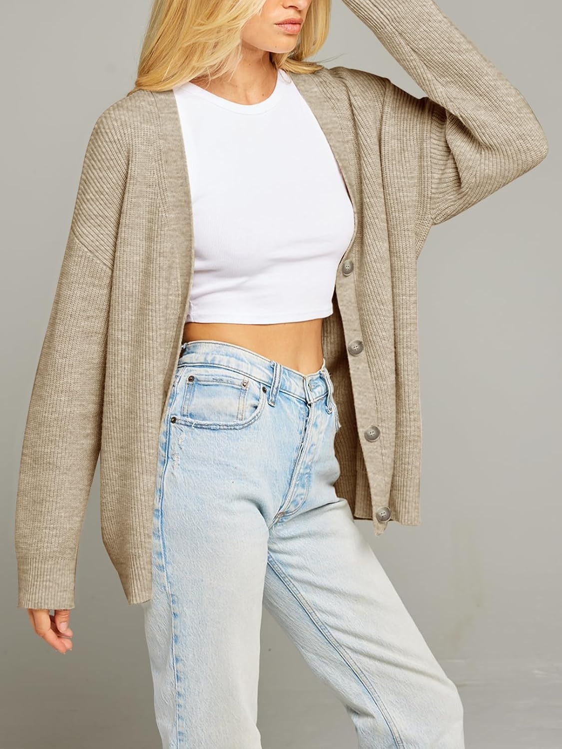 image:imageMEROKEETY Womens Fall Trendy Oversized V Neck Cardigan SweatersOatmeal