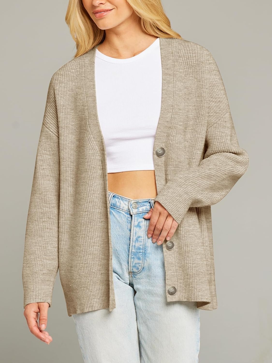 image:imageMEROKEETY Womens Fall Trendy Oversized V Neck Cardigan SweatersOatmeal