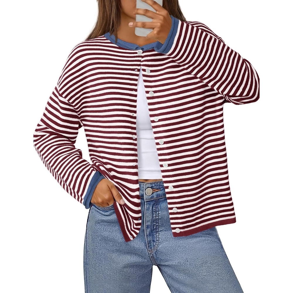 image:imageMEROKEETY Striped Cardigan Sweaters for Women Trendy Button Fall SweaterWineblue