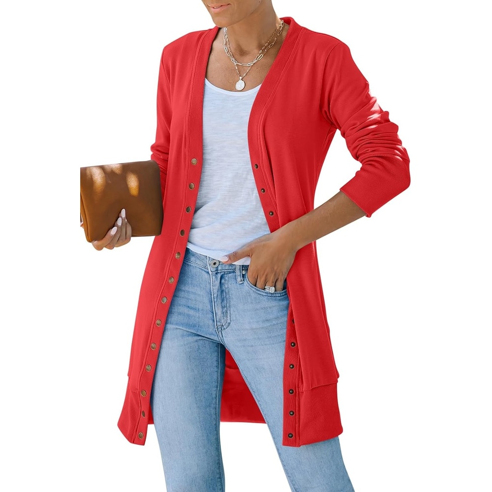 image:imageMEROKEETY Womens 2026 Fall Lightweight Button Up Long Cardigan SweaterRed