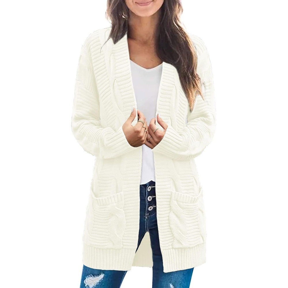 image:imageMEROKEETY Womens Cable Knit Open Front Cardigan Sweaters Fall OuterwearCream