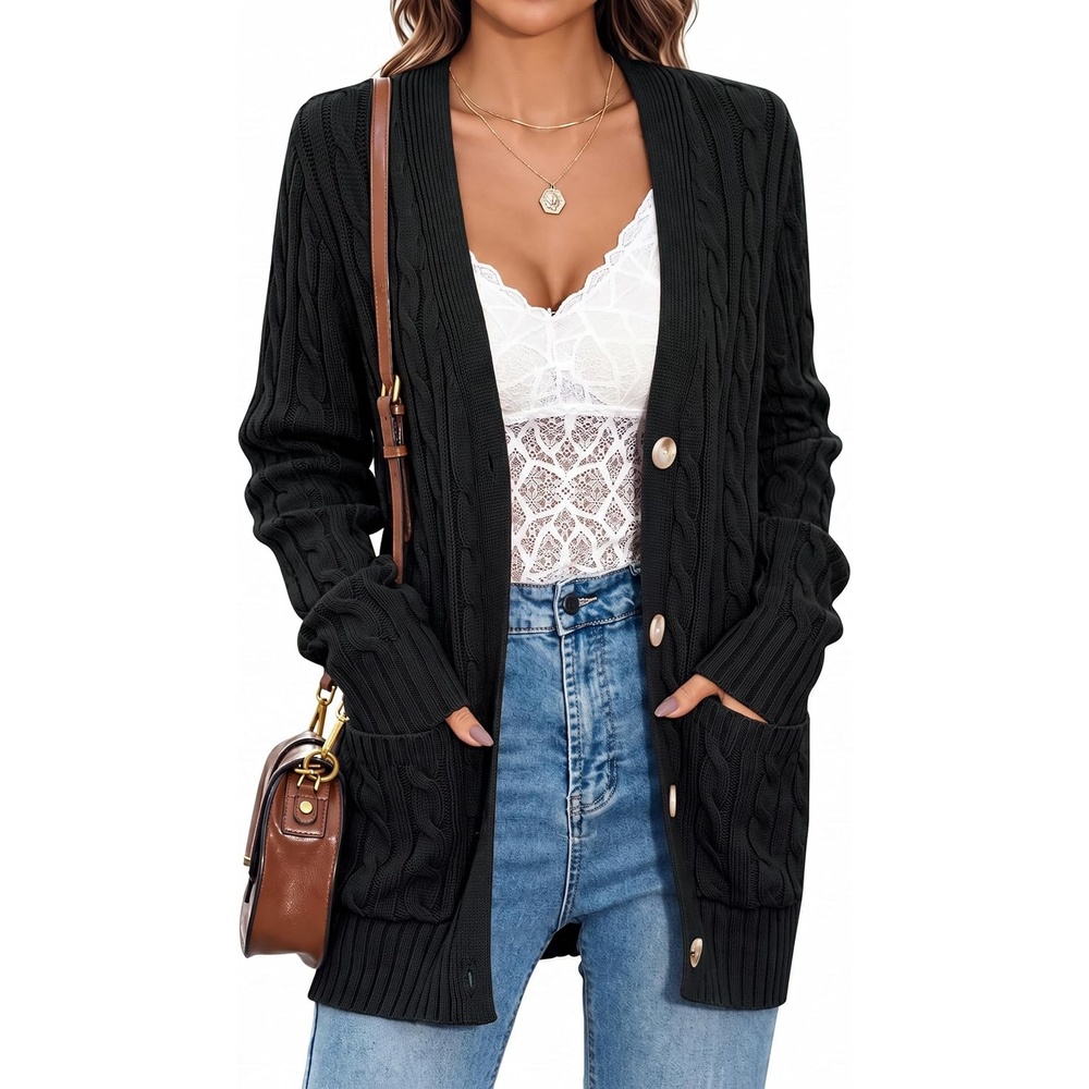 image:imageMEROKEETY Womens Fall Cable Knit Button Up Oversized Light Cardigan SweaterBlack