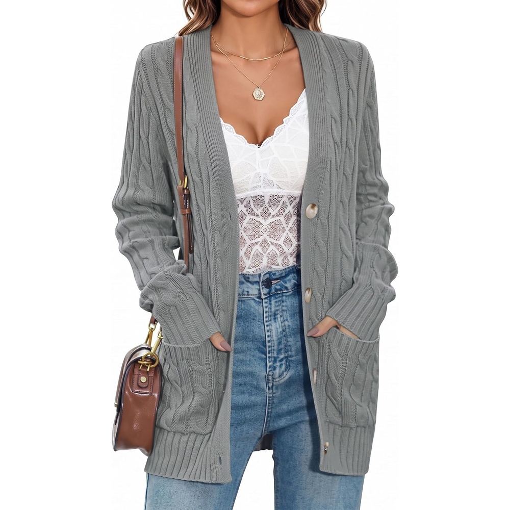 image:imageMEROKEETY Womens Fall Cable Knit Button Up Oversized Light Cardigan SweaterGrey
