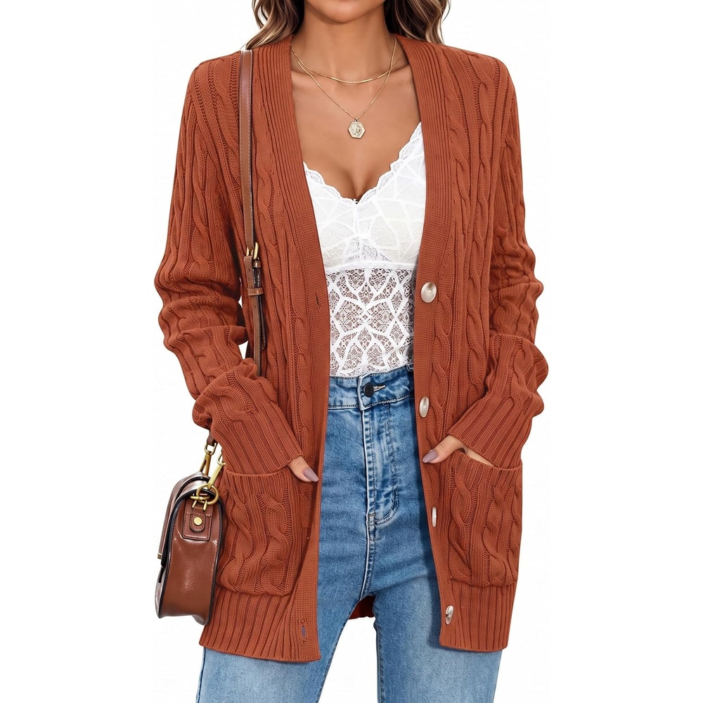 image:imageMEROKEETY Womens Fall Cable Knit Button Up Oversized Light Cardigan SweaterRust