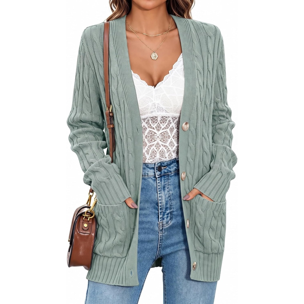 image:imageMEROKEETY Womens Fall Cable Knit Button Up Oversized Light Cardigan SweaterSage