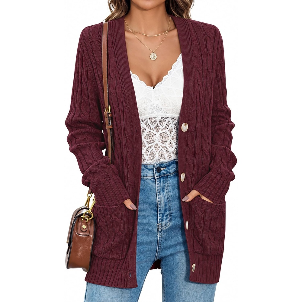 image:imageMEROKEETY Womens Fall Cable Knit Button Up Oversized Light Cardigan SweaterWine