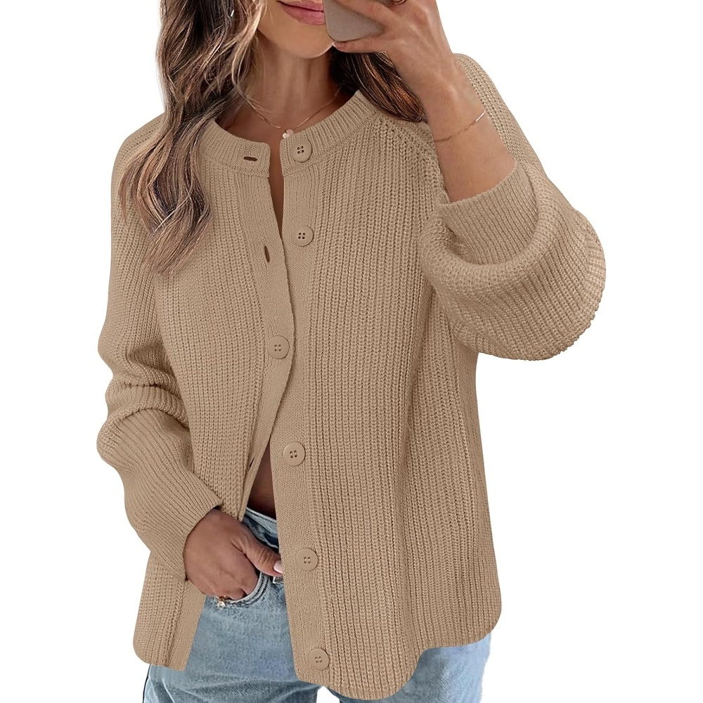 image:imageMEROKEETY Womens Fall Long Sleeve Button Up Cardigan SweaterLight Khaki