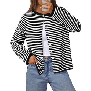 MEROKEETY Striped Cardigan Sweaters for Women Trendy Button Fall Sweater(Black)