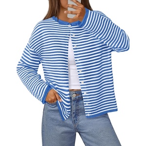 MEROKEETY Striped Cardigan Sweaters for Women Trendy Button Fall Sweater(Blue)