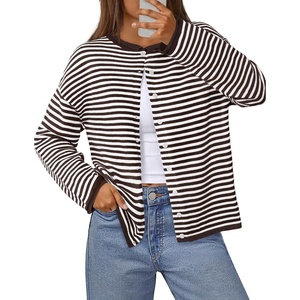 MEROKEETY Striped Cardigan Sweaters for Women Trendy Button Fall Sweater(Coffee)