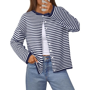 MEROKEETY Striped Cardigan Sweaters for Women Trendy Button Fall Sweater(Navy)
