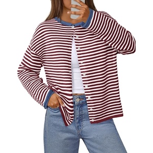 MEROKEETY Striped Cardigan Sweaters for Women Trendy Button Fall Sweater(Wineblue)