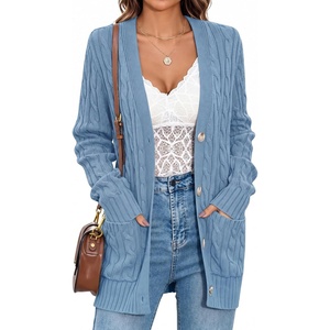 MEROKEETY Womens Fall Cable Knit Button Up Oversized Light Cardigan Sweater(Blue)