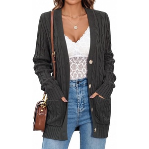 MEROKEETY Womens Fall Cable Knit Button Up Oversized Light Cardigan Sweater(Dark Grey)