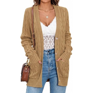 MEROKEETY Womens Fall Cable Knit Button Up Oversized Light Cardigan Sweater(Khaki)