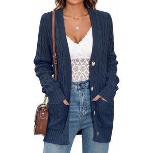 MEROKEETY Womens Fall Cable Knit Button Up Oversized Light Cardigan Sweater(Navy)