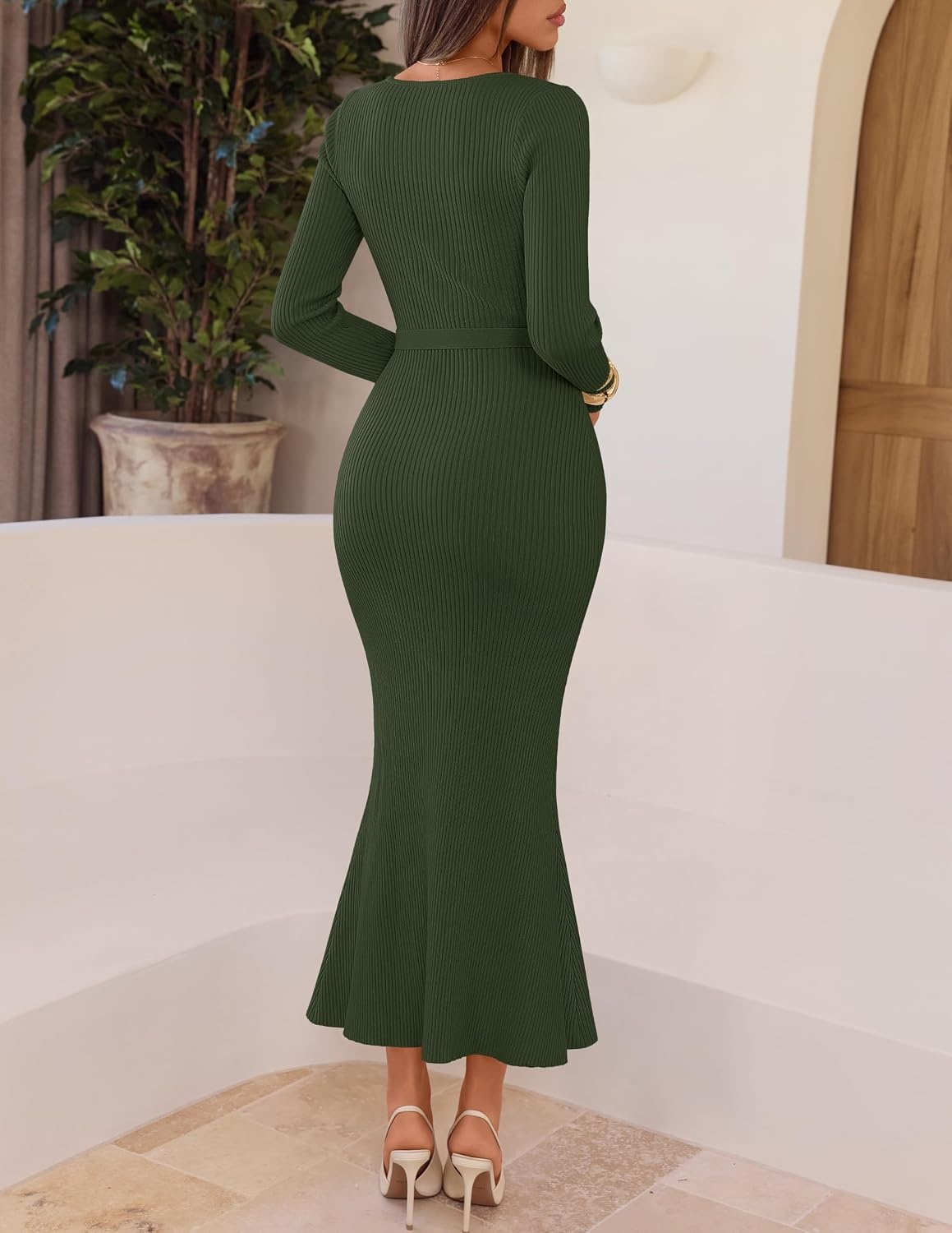 image:imageMEROKEETY Womens Fall Long Sleeve Bodycon Wear to Work Sweater Dress 2026Armygreen