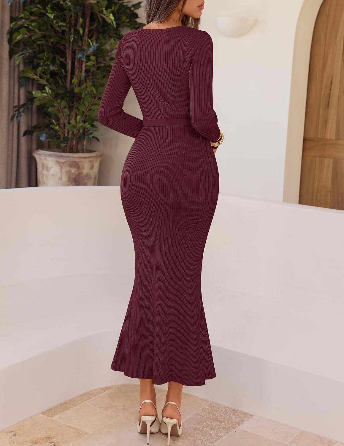 image:imageMEROKEETY Womens Fall Long Sleeve Bodycon Wear to Work Sweater Dress 2026Burgundy