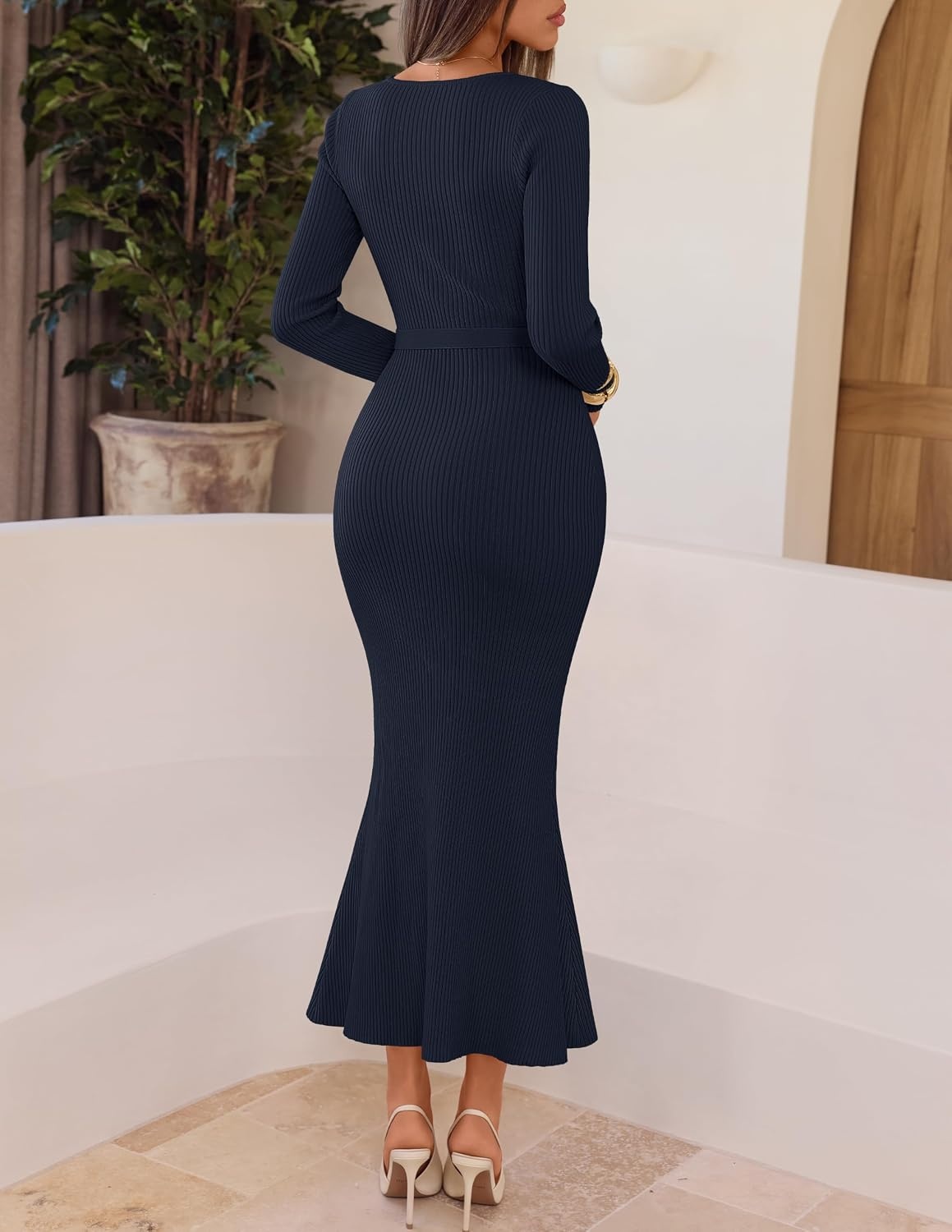 image:imageMEROKEETY Womens Fall Long Sleeve Bodycon Wear to Work Sweater Dress 2026Navy