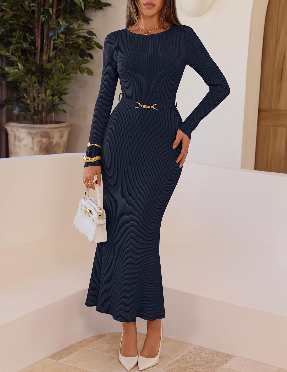 image:imageMEROKEETY Womens Fall Long Sleeve Bodycon Wear to Work Sweater Dress 2026Navy