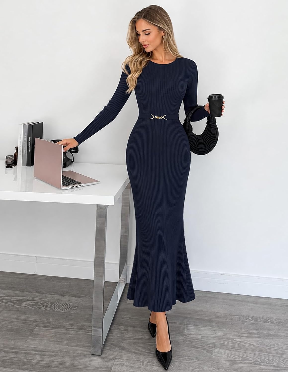 image:imageMEROKEETY Womens Fall Long Sleeve Bodycon Wear to Work Sweater Dress 2026Navy