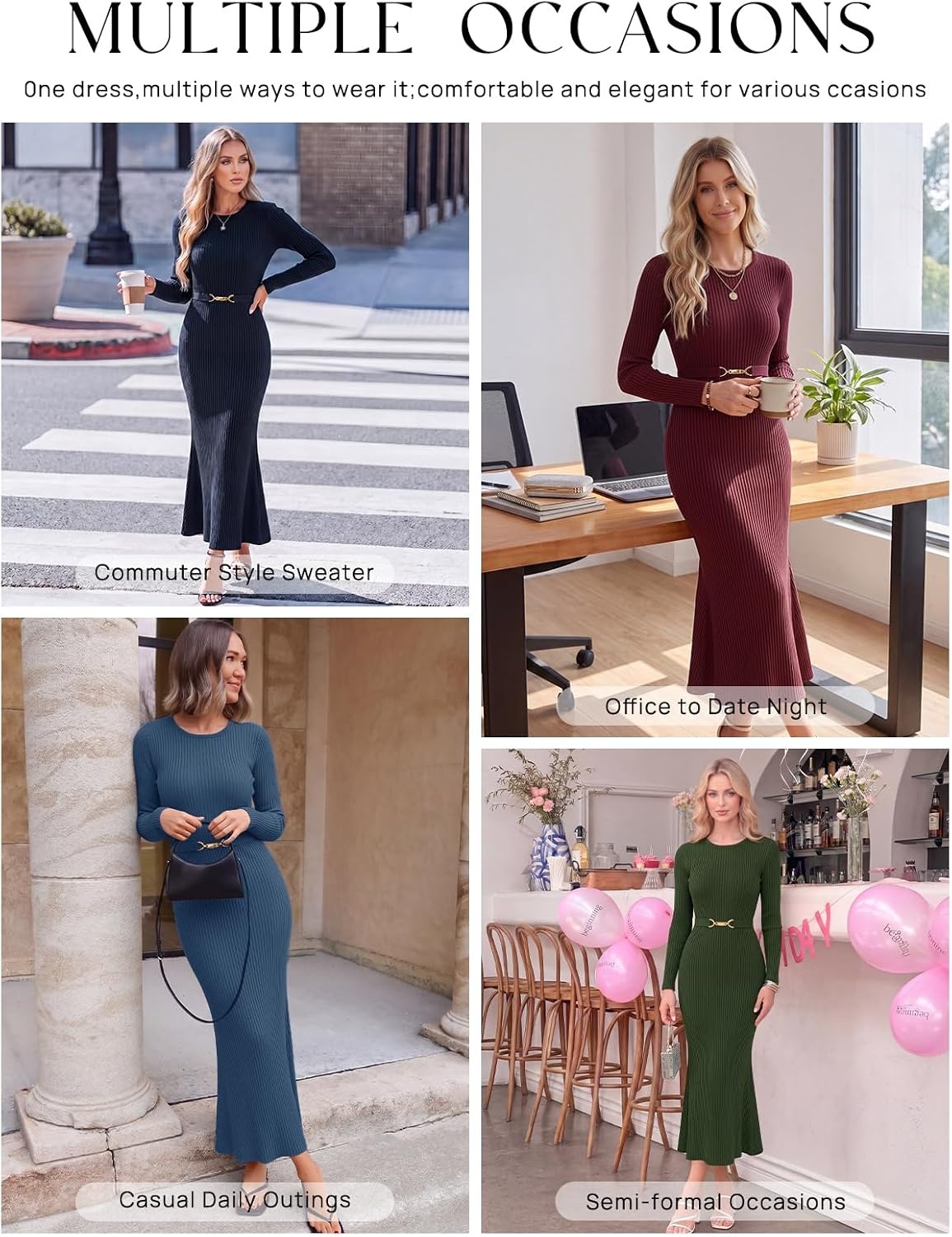 image:imageMEROKEETY Womens Fall Long Sleeve Bodycon Wear to Work Sweater Dress 2026Navy