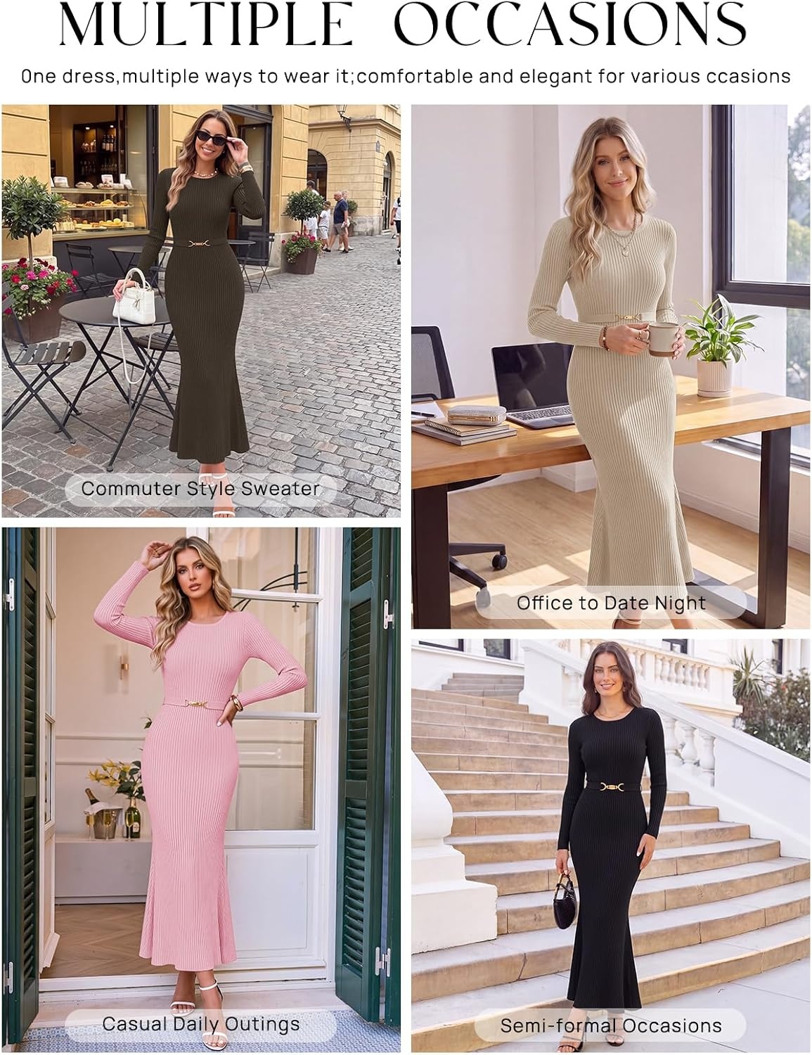 image:imageMEROKEETY Womens Fall Long Sleeve Bodycon Wear to Work Sweater Dress 2026Oatmeal