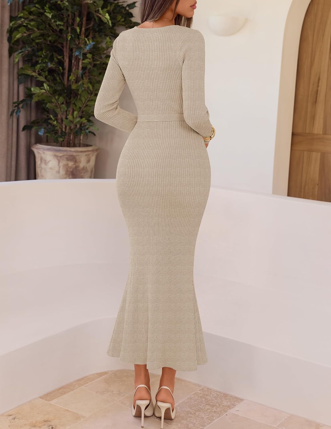 image:imageMEROKEETY Womens Fall Long Sleeve Bodycon Wear to Work Sweater Dress 2026Oatmeal