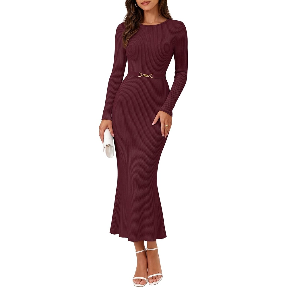 image:imageMEROKEETY Womens Fall Long Sleeve Bodycon Wear to Work Sweater Dress 2026Burgundy