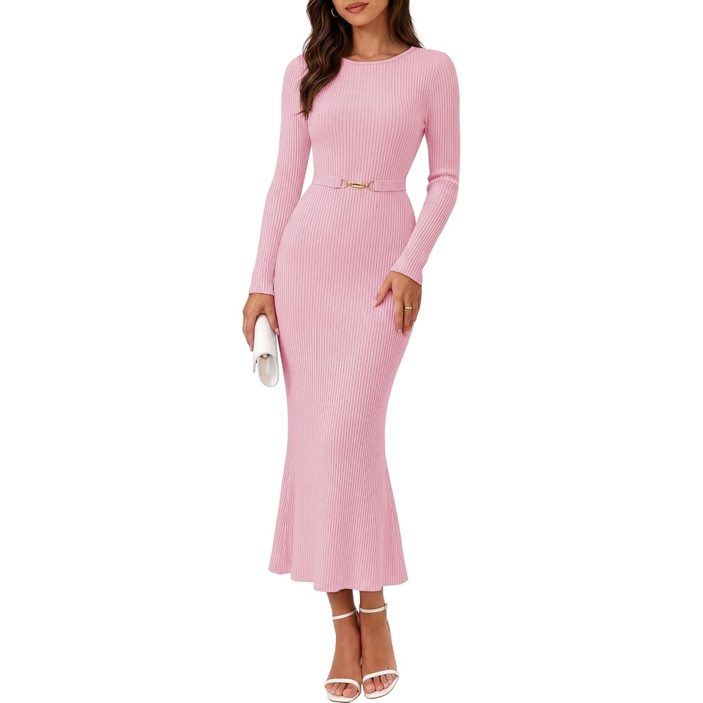 image:imageMEROKEETY Womens Fall Long Sleeve Bodycon Wear to Work Sweater Dress 2026Pink