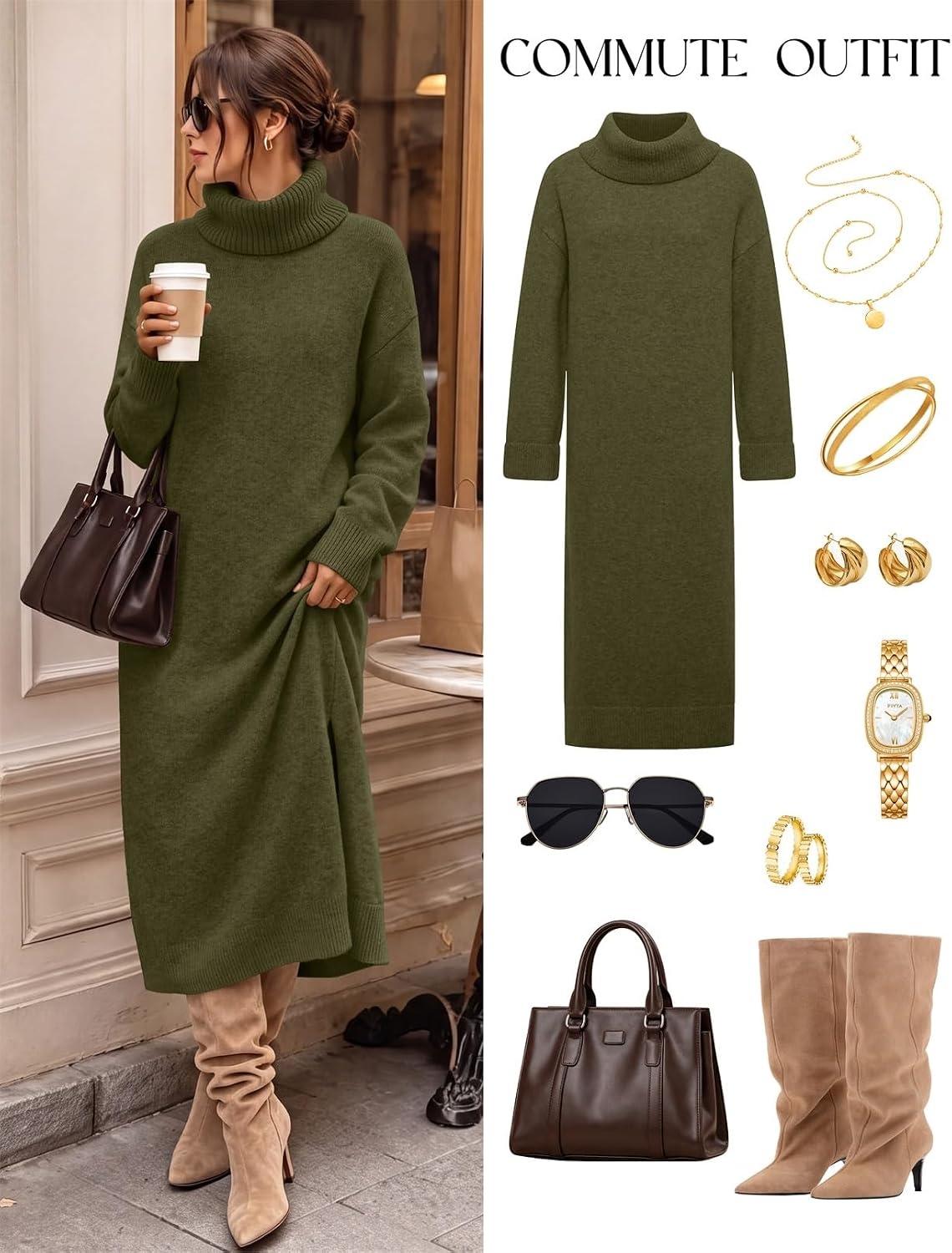 image:imageMEROKEETY Womens Fall Casual Turtleneck Oversized Chunky Knit Sweater DressArmy