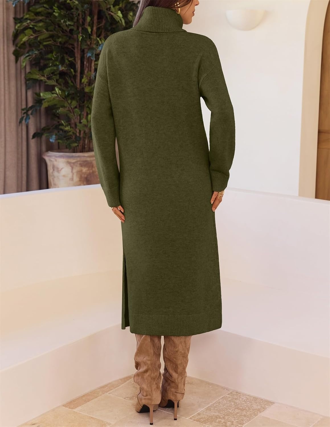 image:imageMEROKEETY Womens Fall Casual Turtleneck Oversized Chunky Knit Sweater DressArmy