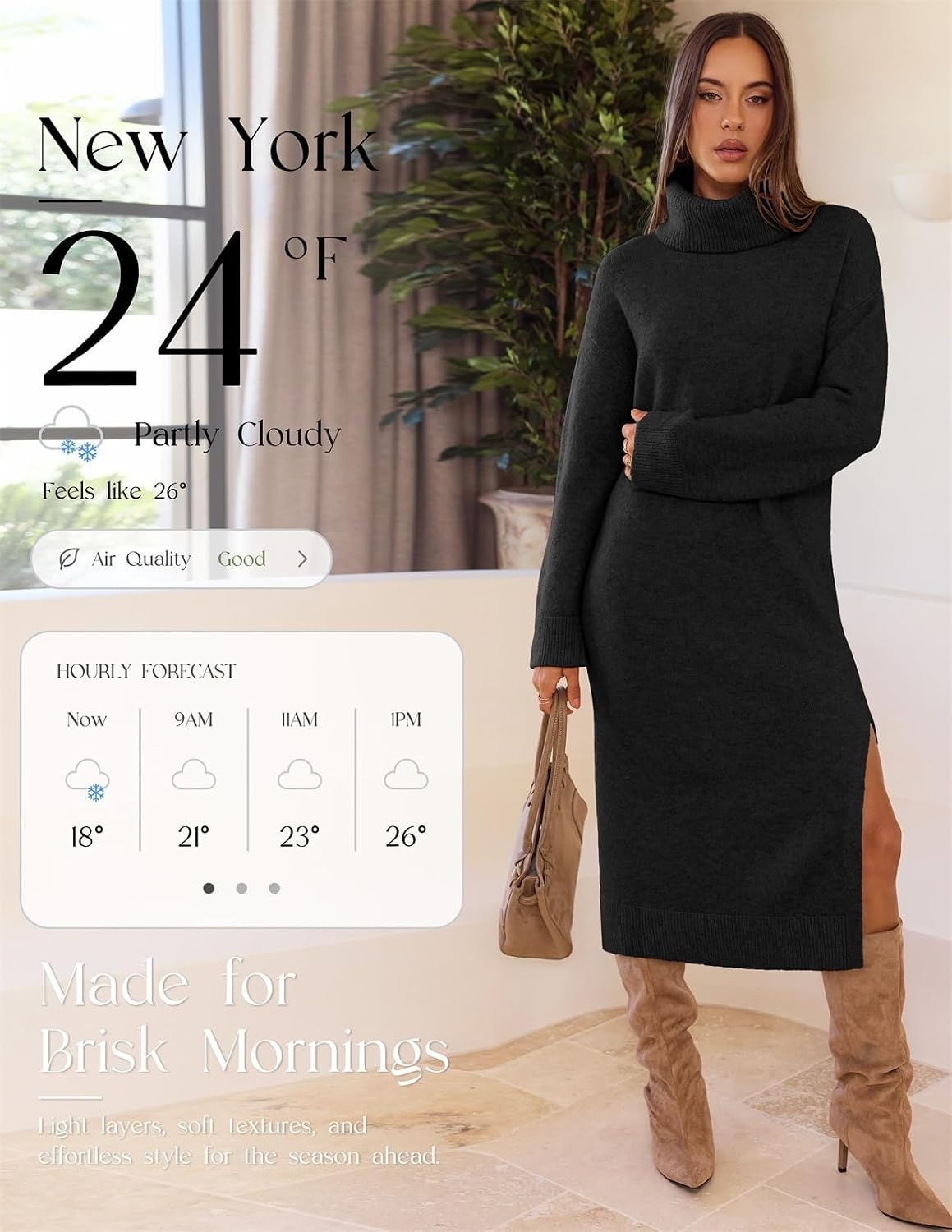 image:imageMEROKEETY Womens Fall Casual Turtleneck Oversized Chunky Knit Sweater DressBlack