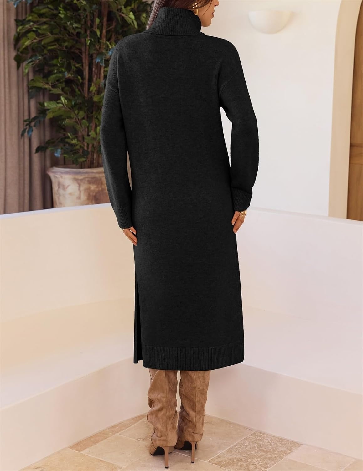 image:imageMEROKEETY Womens Fall Casual Turtleneck Oversized Chunky Knit Sweater DressBlack