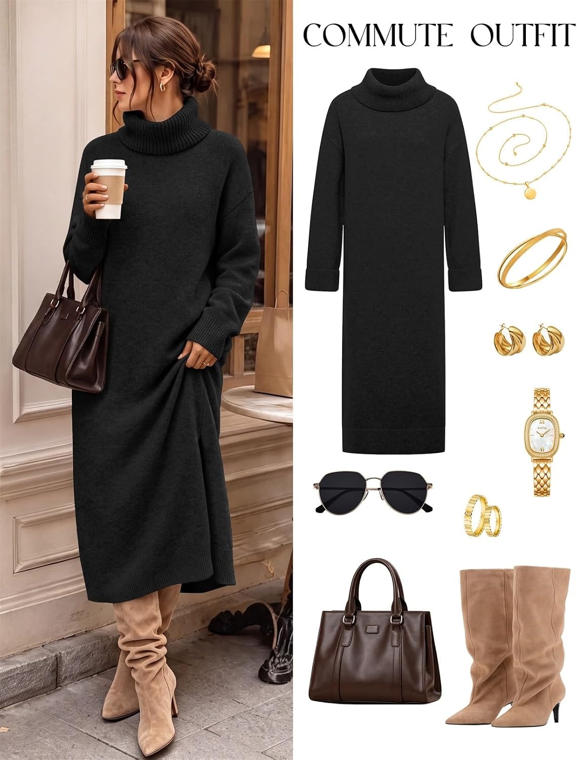 image:imageMEROKEETY Womens Fall Casual Turtleneck Oversized Chunky Knit Sweater DressBlack