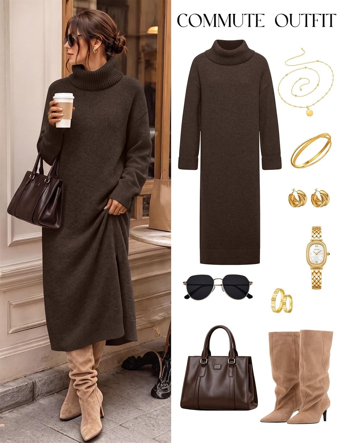 image:imageMEROKEETY Womens Fall Casual Turtleneck Oversized Chunky Knit Sweater DressCoffee