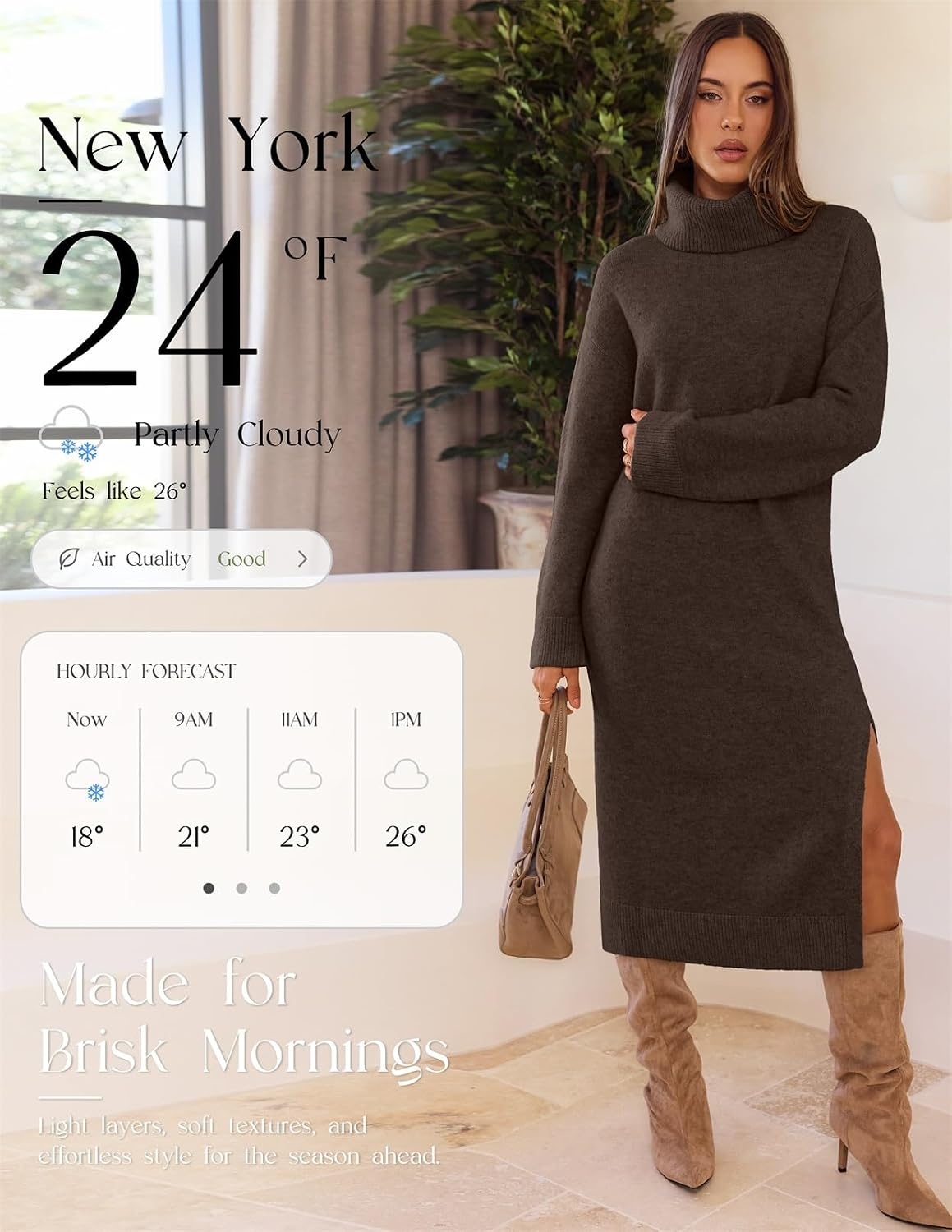 image:imageMEROKEETY Womens Fall Casual Turtleneck Oversized Chunky Knit Sweater DressCoffee
